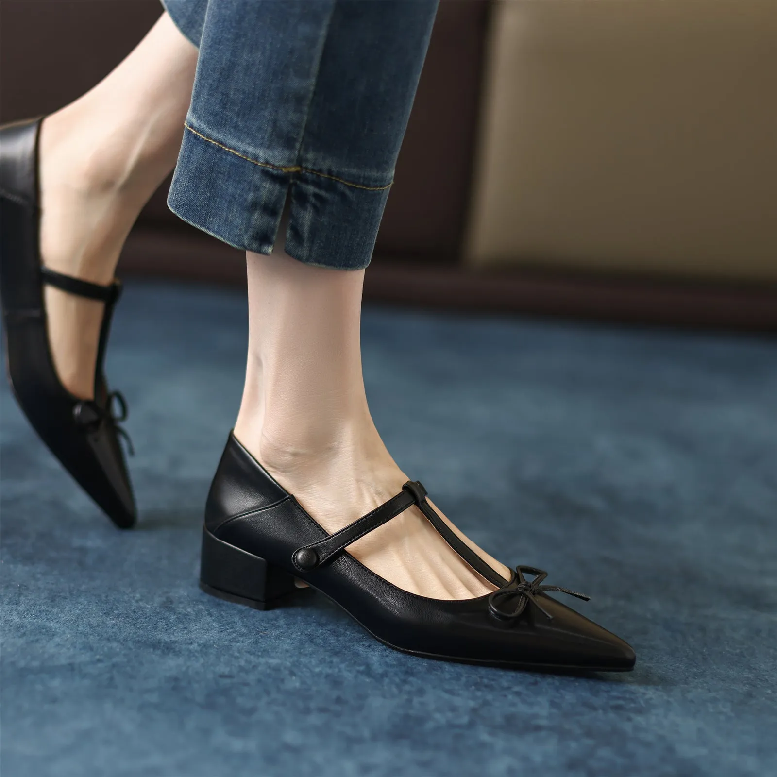 TinaCus Women's Genuine Leather Pointed Toe Handmade Bowtie Cute Mary Jane Shoes with Low Chunky Heels