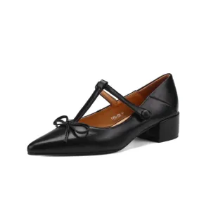 TinaCus Women's Genuine Leather Pointed Toe Handmade Bowtie Cute Mary Jane Shoes with Low Chunky Heels