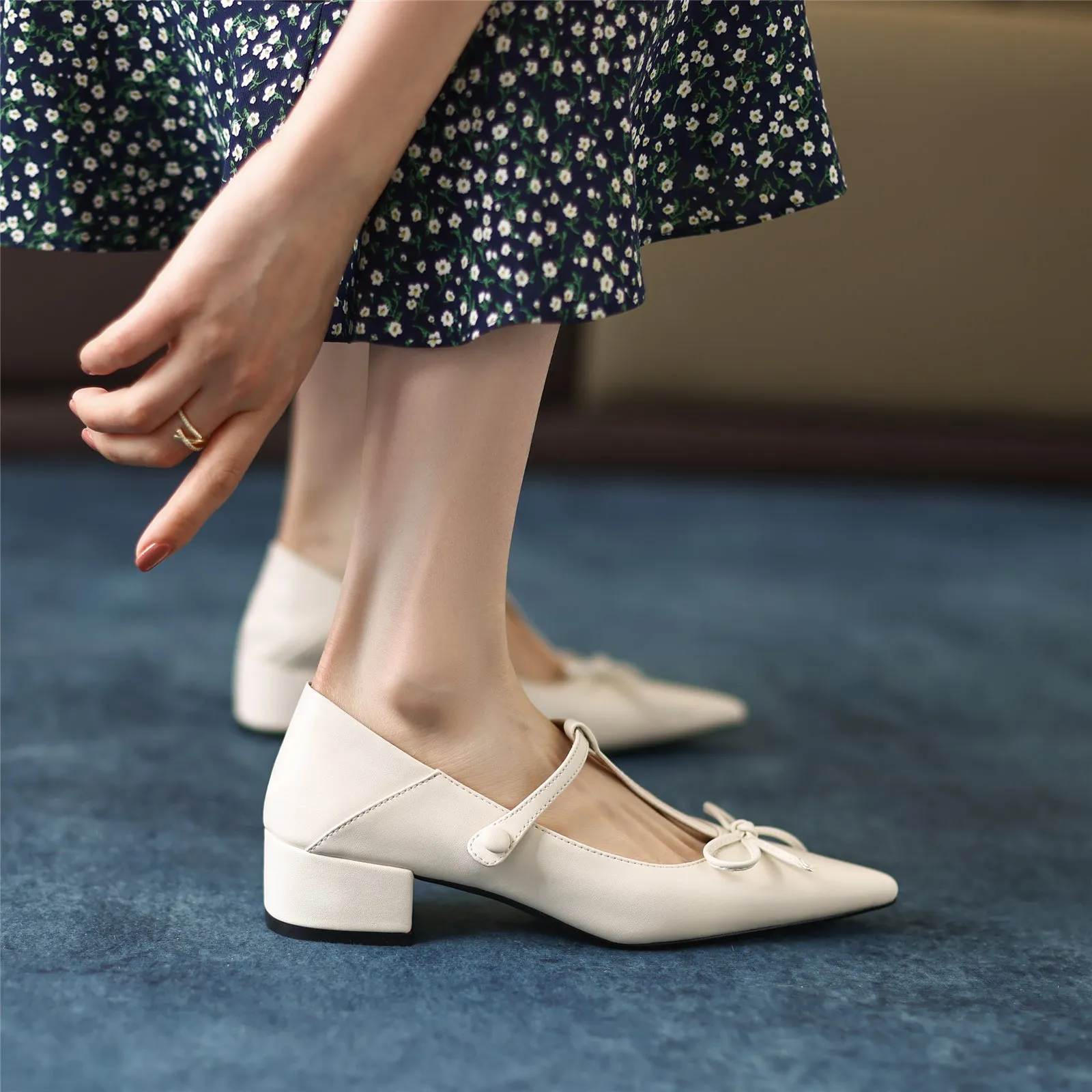 TinaCus Women's Genuine Leather Pointed Toe Handmade Bowtie Cute Mary Jane Shoes with Low Chunky Heels