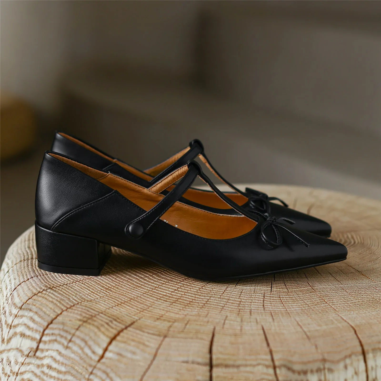 TinaCus Women's Genuine Leather Pointed Toe Handmade Bowtie Cute Mary Jane Shoes with Low Chunky Heels