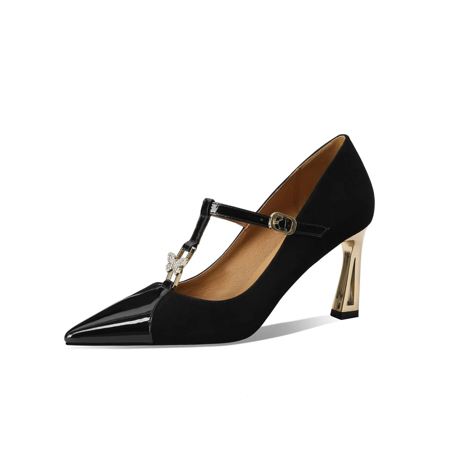 TinaCus Women's Handmade Leather Pointed Toe Glitter Butterfly T-Strap Buckle High Heel Mary Jane Pumps
