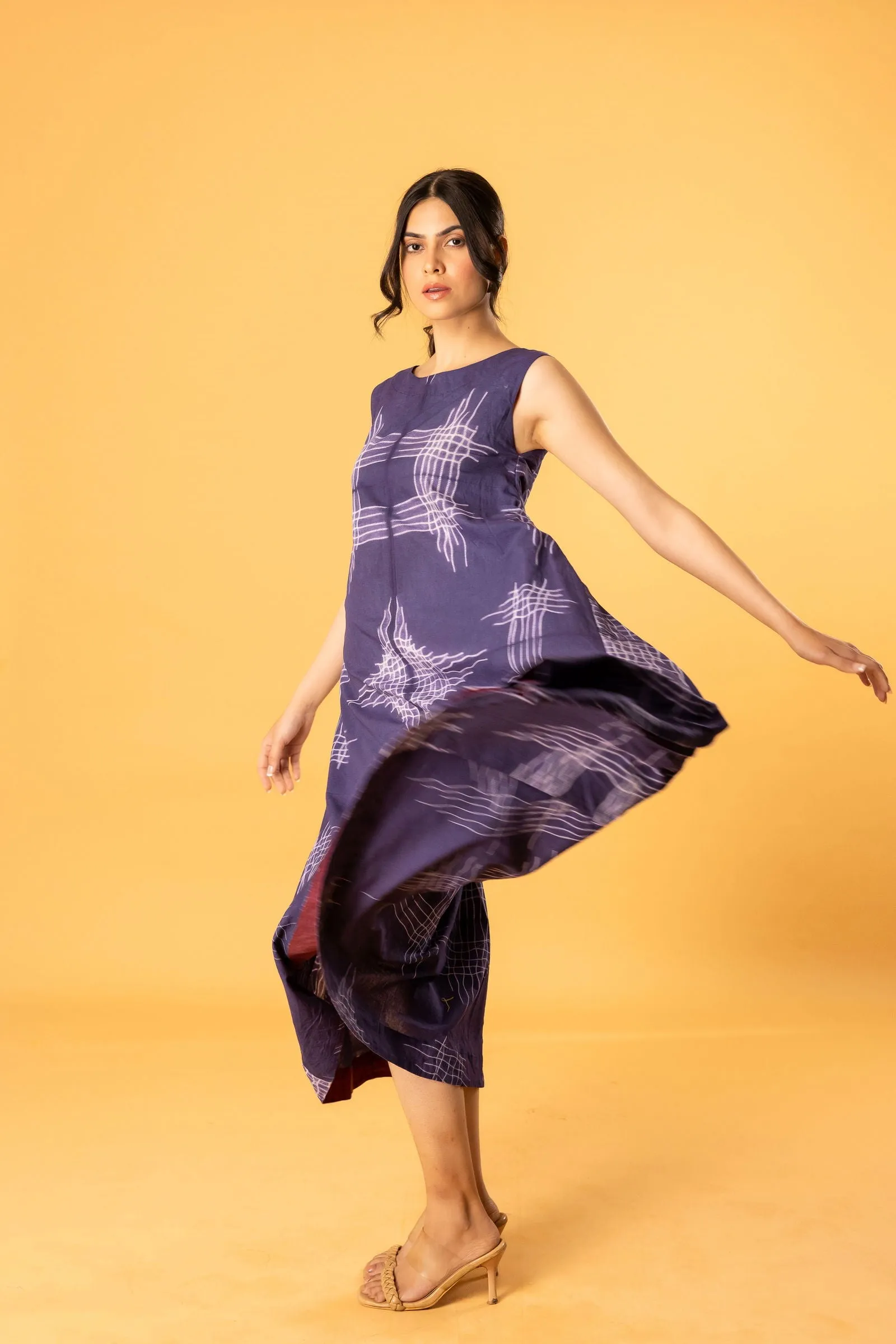 Women Cotton Shibori Boatneck Loose Fit Dress Purple