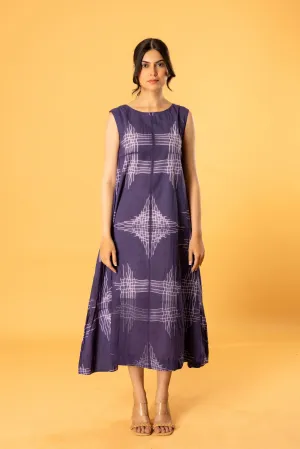 Women Cotton Shibori Boatneck Loose Fit Dress Purple