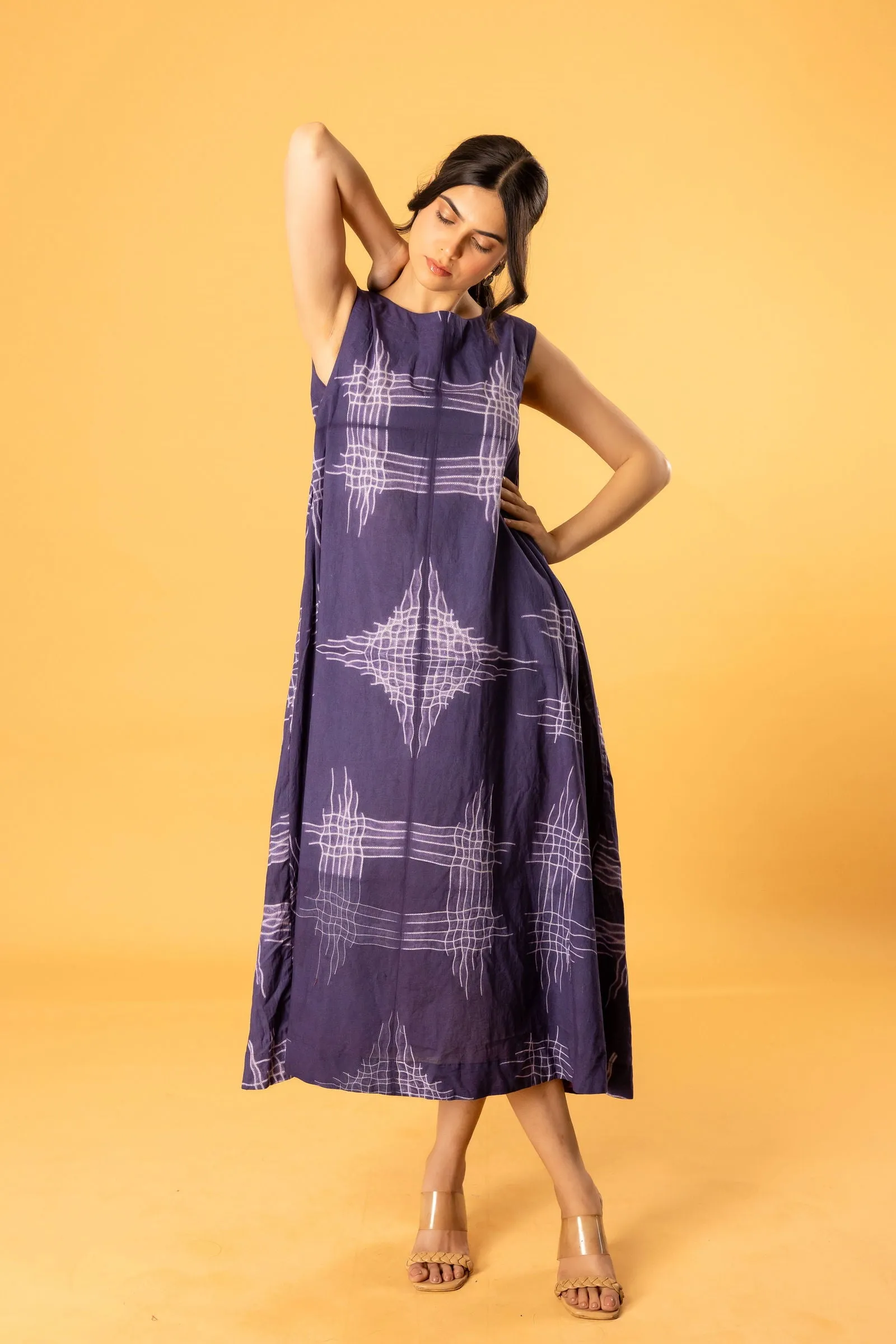 Women Cotton Shibori Boatneck Loose Fit Dress Purple