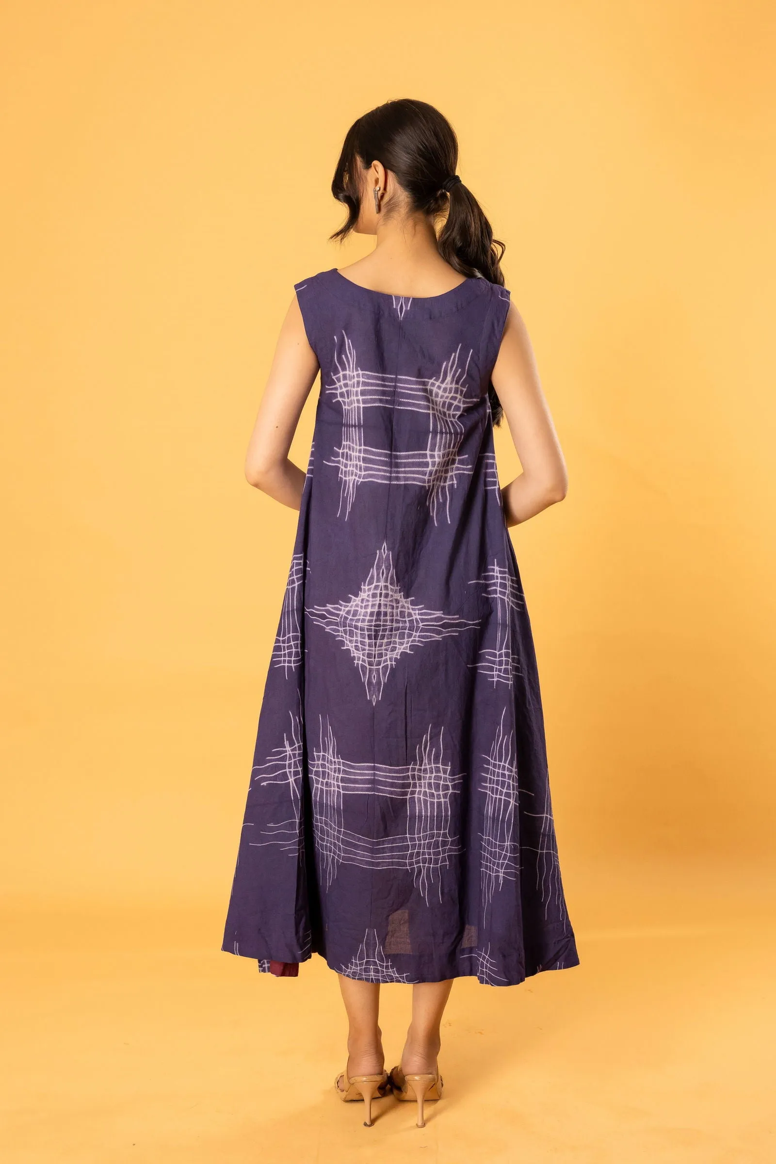 Women Cotton Shibori Boatneck Loose Fit Dress Purple